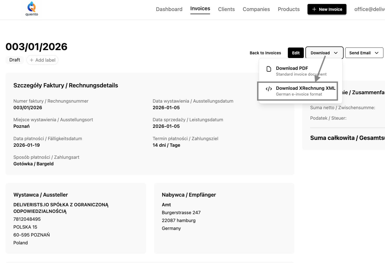 Download XRechnung XML from invoice page