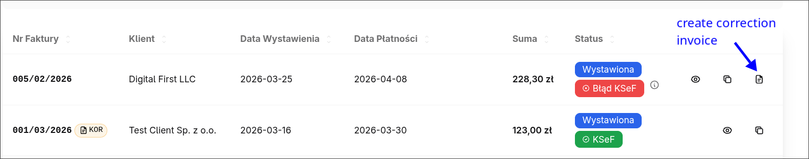 Create correction invoice from the original invoice view