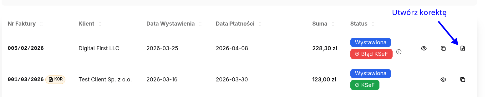 Tworzenie faktury korygującej z widoku oryginału