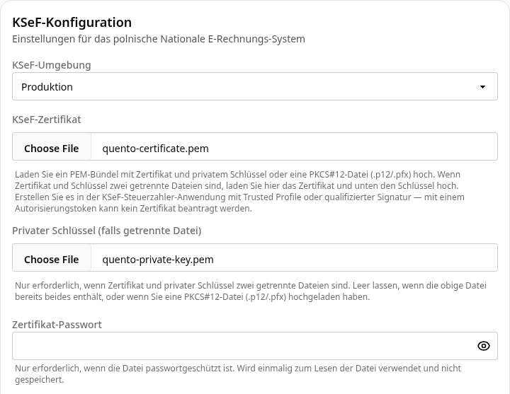 KSeF-Konfiguration in Quento mit getrennten Feldern für Zertifikat und privaten Schlüssel