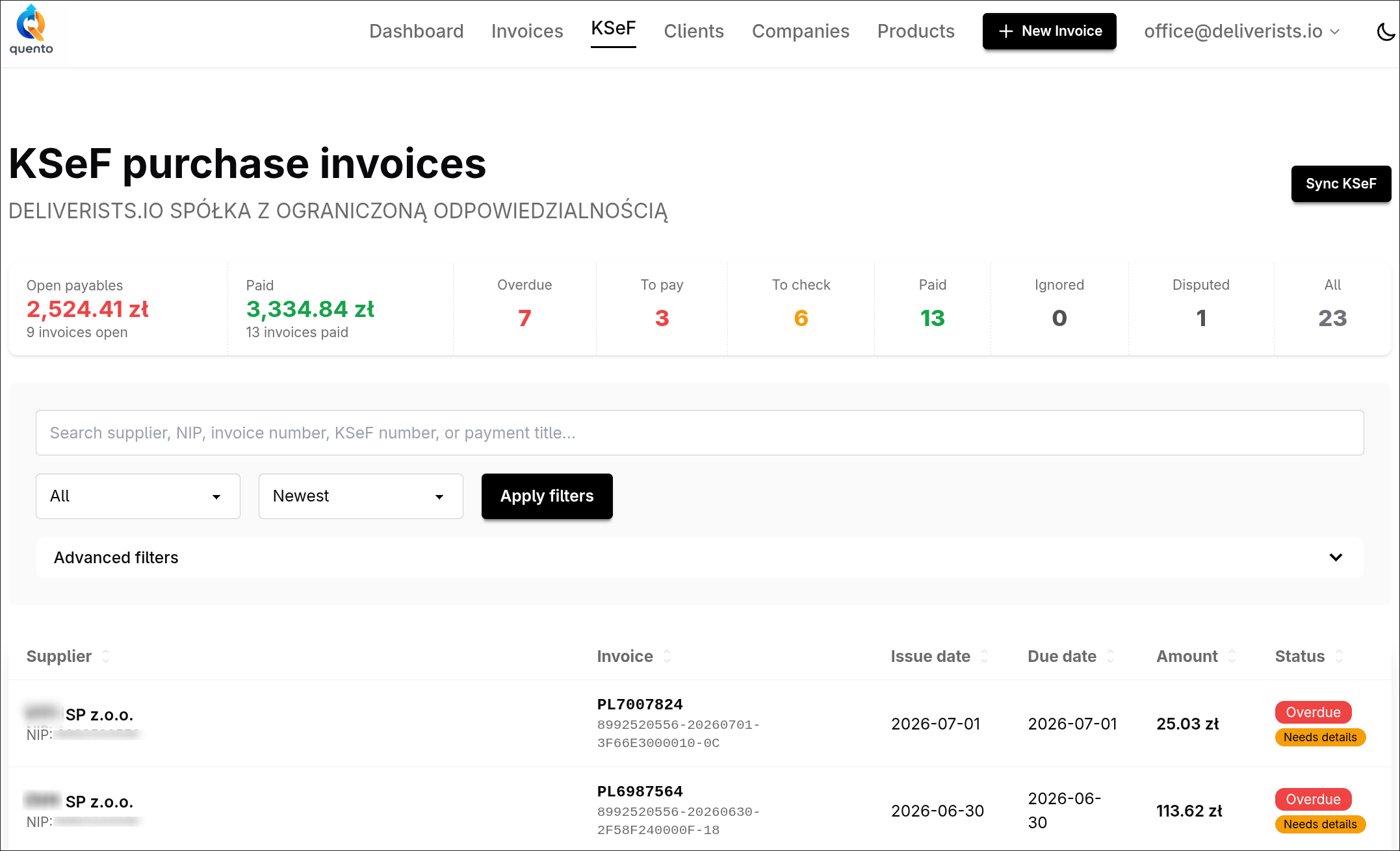 KSeF payables inbox in Quento — list of purchase invoices with a summary of amounts and statuses