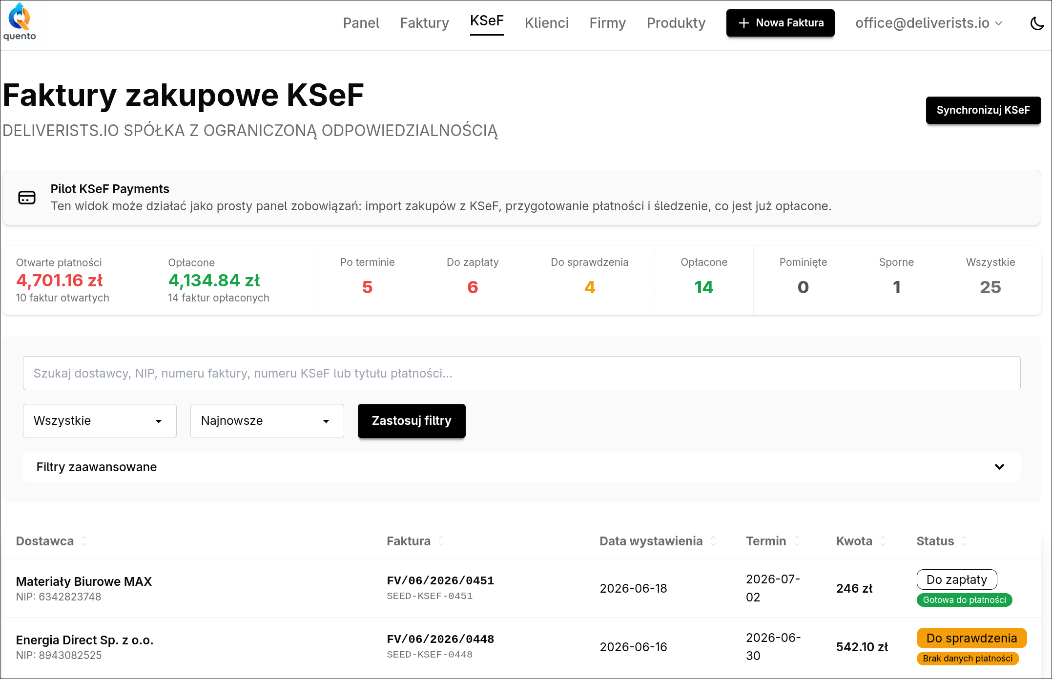 Skrzynka zobowiązań KSeF w Quento — lista faktur zakupowych z podsumowaniem kwot i statusów