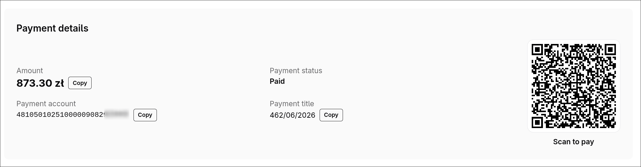 Purchase invoice details in Quento — transfer details and a Scan to pay QR code