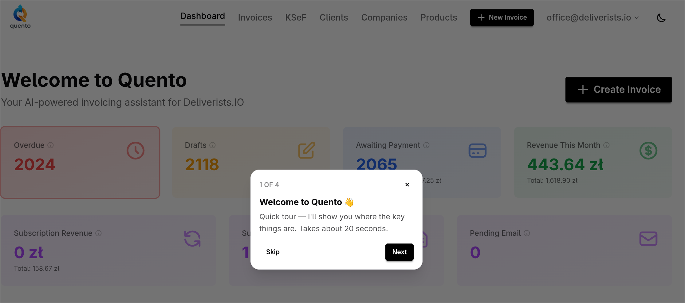 Quento welcome tour — a friendly guided walkthrough on the dashboard