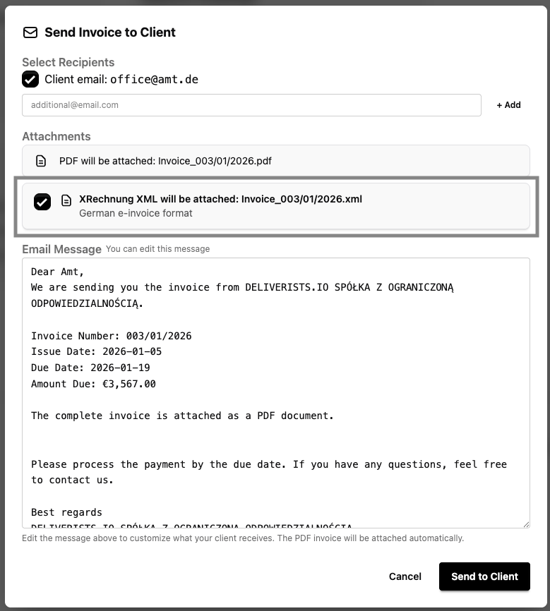 Send invoice with XRechnung XML attachment